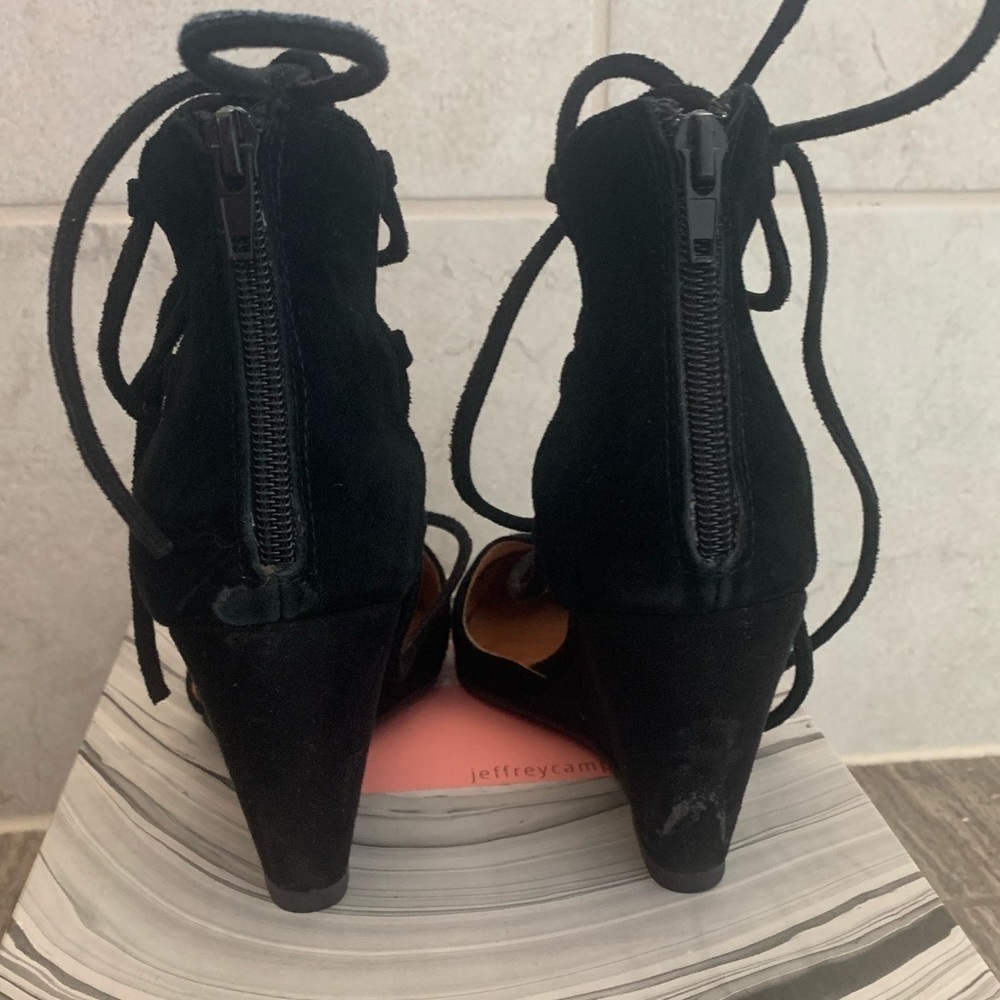 Jeffrey Campbell | Anthropologie Ouvere Black Suede Strappy Wedge Heels, Size 8 - Picture 5 of 8